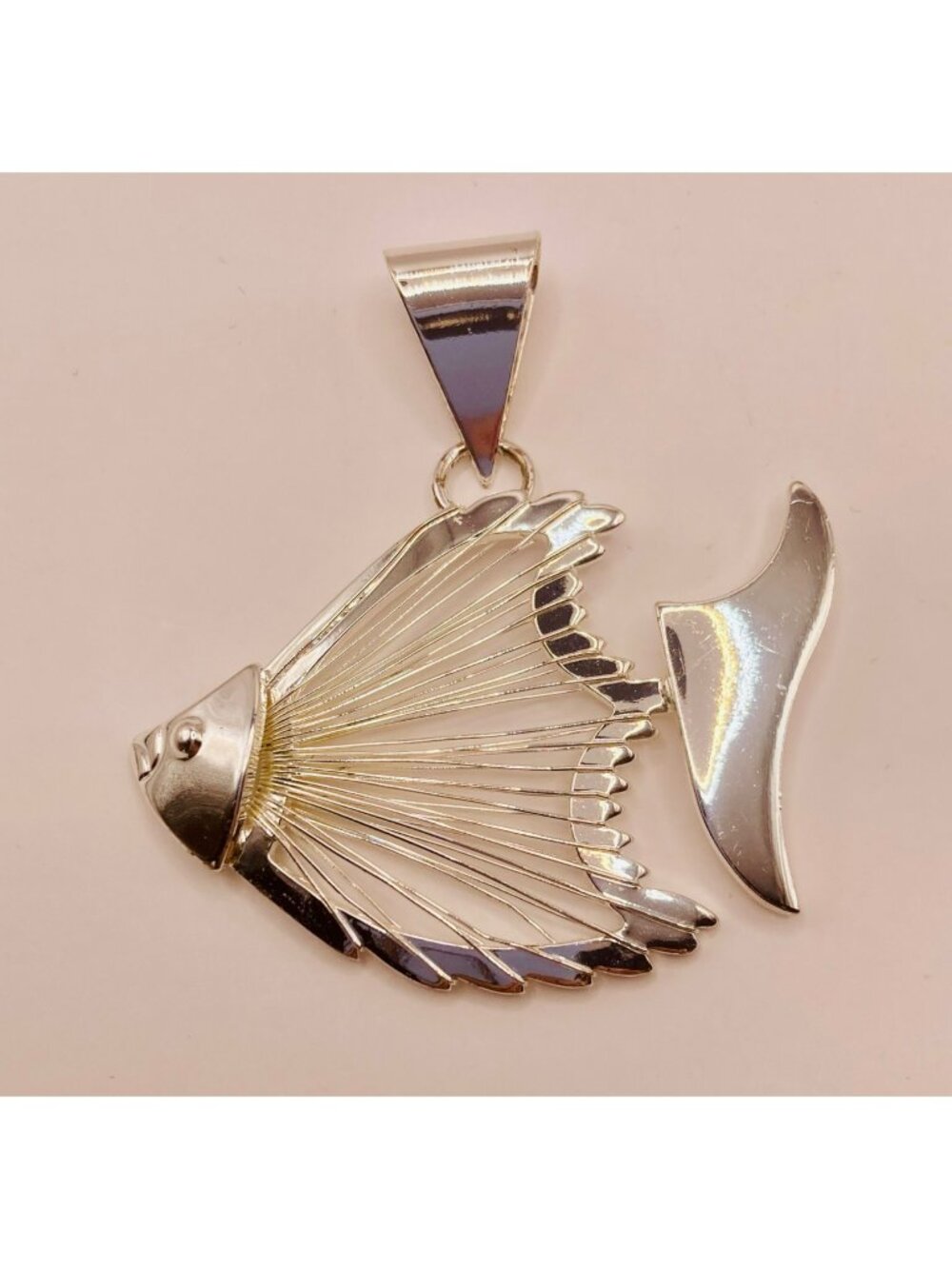 Vintage Silver Tone Wire Angel Fish Pendant Signed "Best" -33B